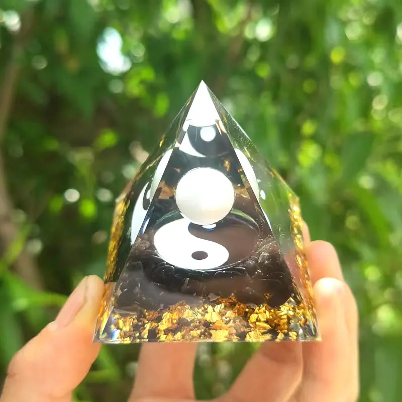 Crystal Sphere Orgone Pyramid, Yin Yang Taiji Pattern Resin Orgonite Pyramid, Natural Crystal Crushed Energy Pyramid Ornament, Mindful Meditation Spiritual Home Table Decor, Handmade Artisan Gift