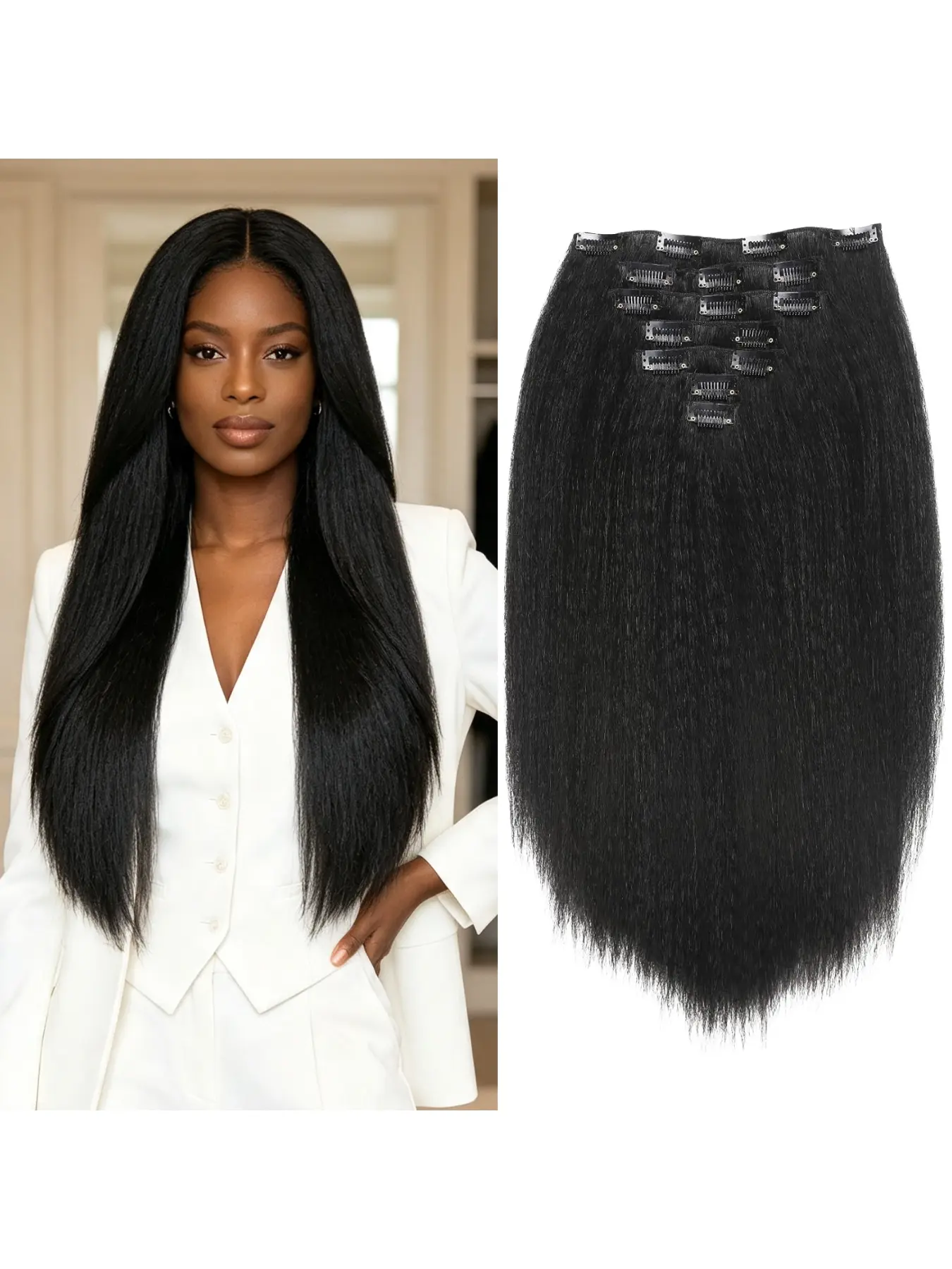 20"/22"/24"/26" 7-piece Yaki clip-in synthetic straight hair extensions with 16 clips, suitable for Black women, seamless volume-adding hair pieces, natural black