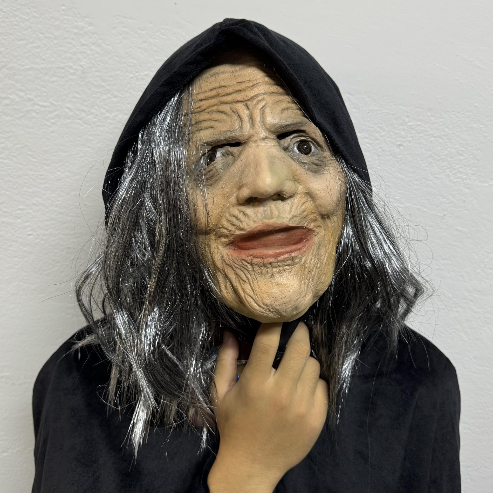 Scary Old Witch Latex Mask – Creepy Grandma Costume With Black Eyes And Grey Hair For Halloween Horror Cosplay Party Adults Masquerade Prop