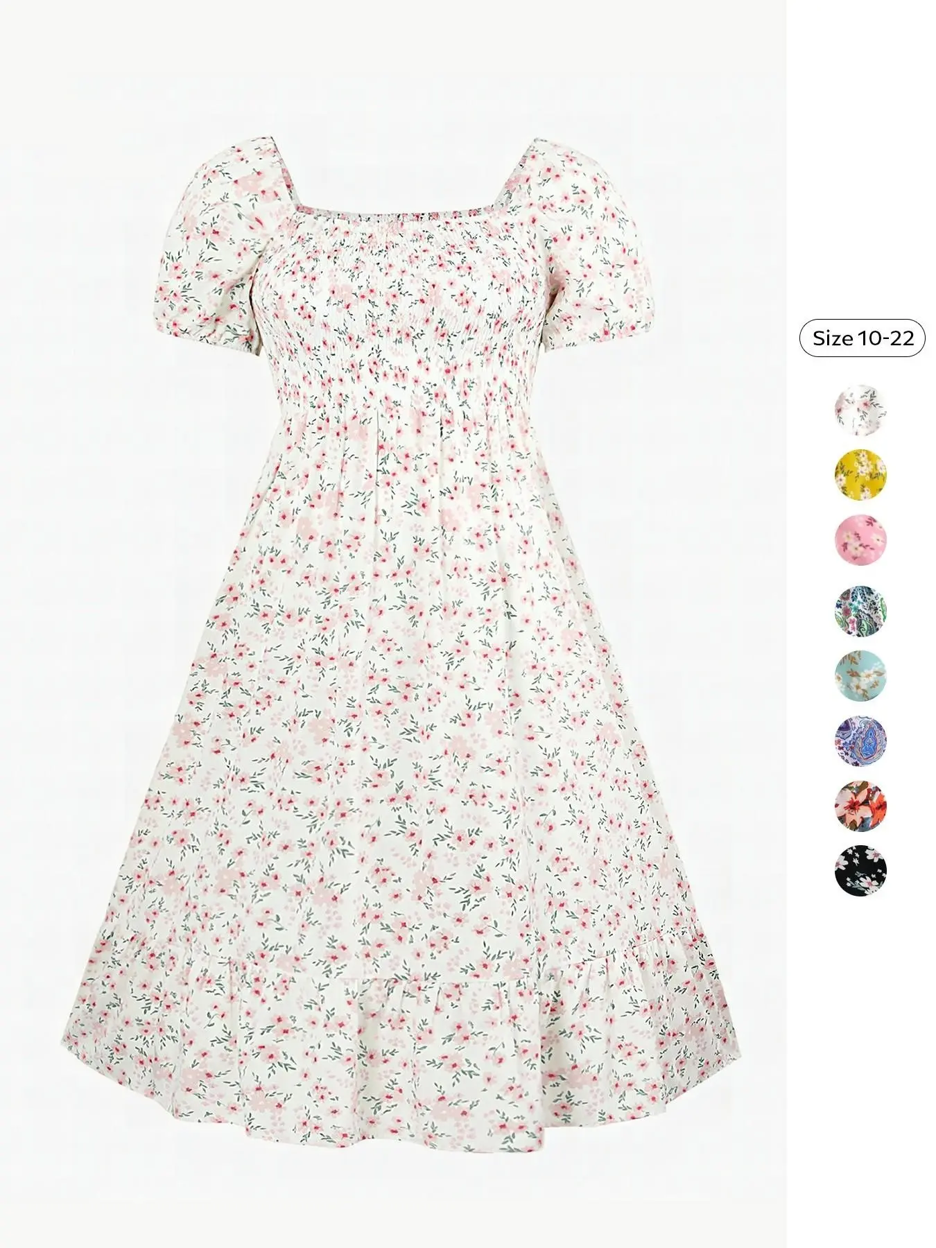 Women's Airy Elegant Chic Aesthetic Boho Style Allover Floral Print Scoop Neck Short Sleeve Pleated Maxi Dress for Summer