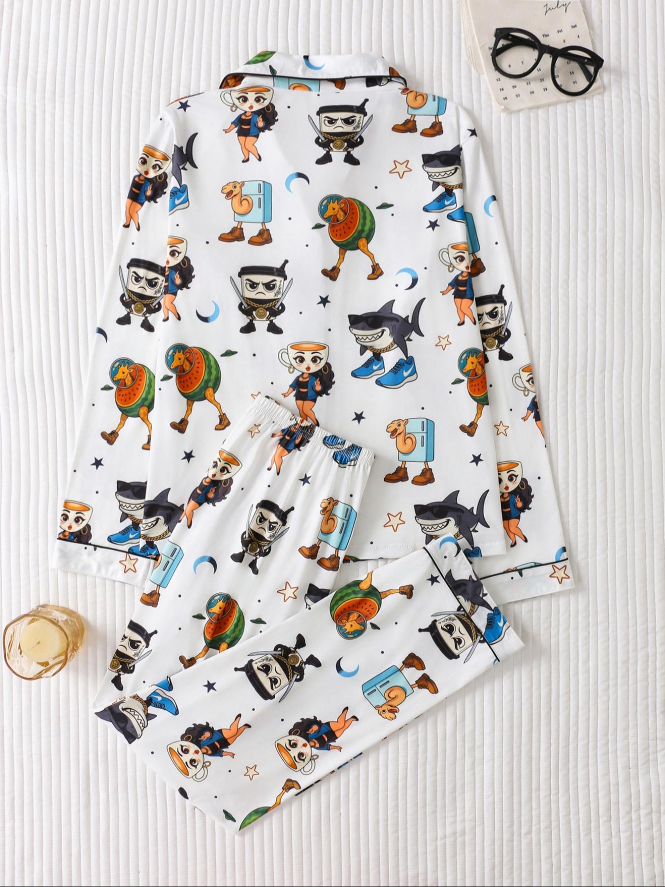 Women's Cartoon Print Pajama Set, Long Sleeve Button Front Top & Loose Fit Pants, Casual Spring & Fall Sleepwear Loungewear