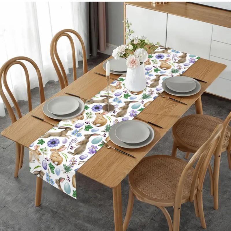 Easter Rabbit Table Runner with Floral Check Pattern, Spring Holiday Kitchen Dining Cover, Perfect for Easter Party Decoration