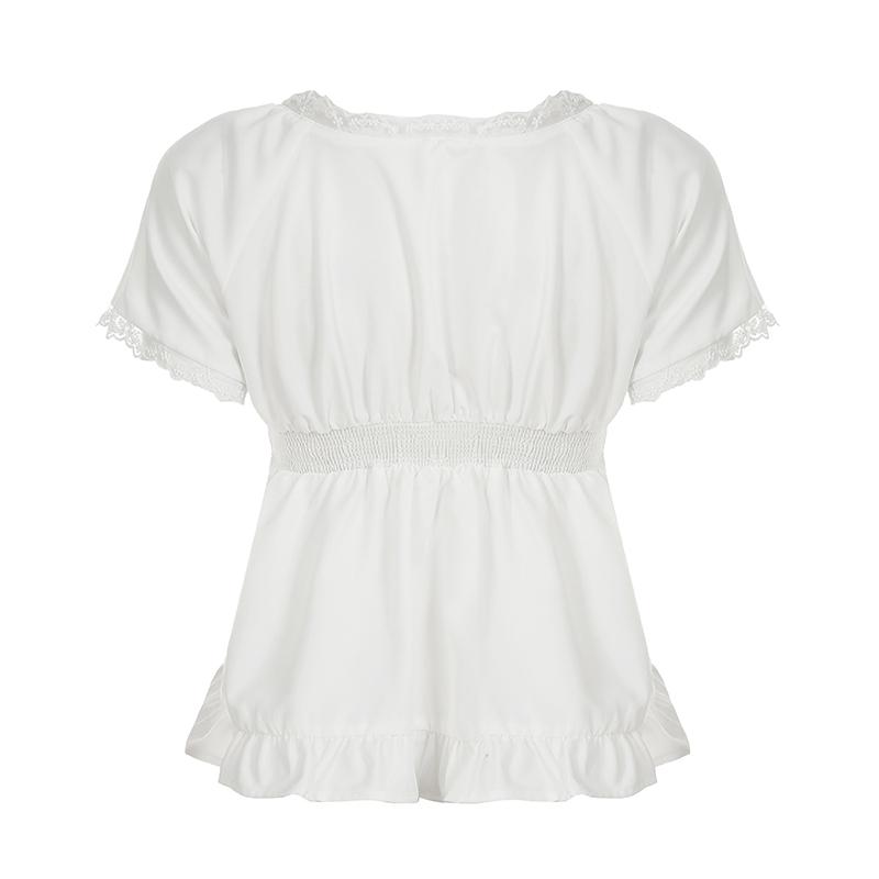 Lace Patchwork Bowknot Girls' T-Shirt, Square Neck Short Sleeve Korean Style Casual Chic Minimalist Cute Ruffle Sweet T-Shirt for Women