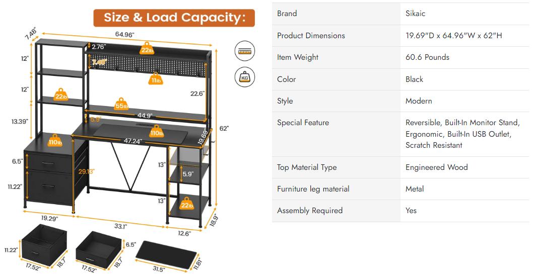 Sikaic 65 Inches Reversible LED Light Gaming Desk With Hutch Power Outlets Monitor Stand 2 Drawers 4 Shelves Pegboard 8 Hooks Mouse Pad Furniture
