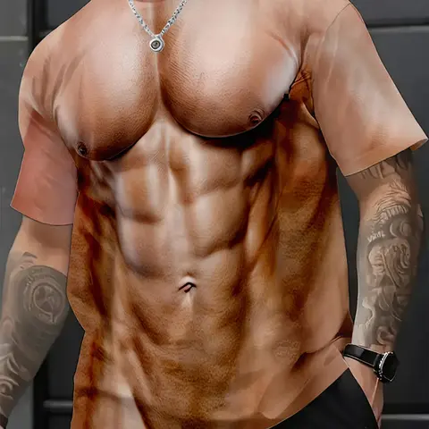 Men's Casual Trendy 3D Muscle Print Round Neck Short Sleeve T-Shirt, Comfortable Fitted Top, Streetwear for Outdoor Activities, Muscle Tee