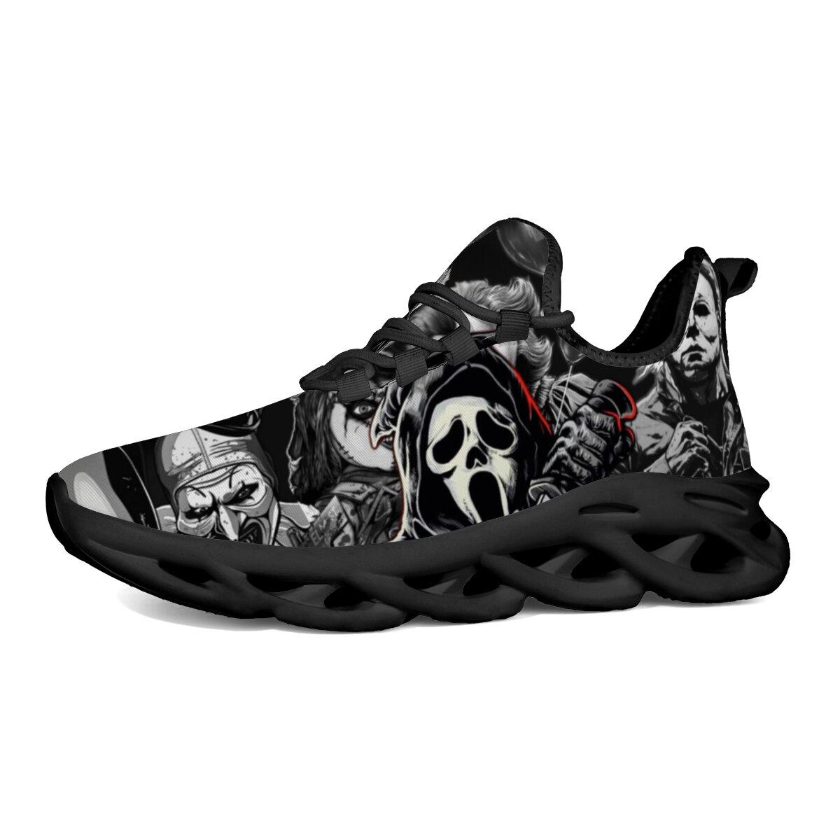 Halloween Dark Horror Mask Character Art Blade Sneakers Man Woman Hollow Wave Cushion Sole Mesh Running Shoes Monochrome Thriller Figure Collage Print Gothic Halloween Punk Casual Athletic Trainers For Men Women