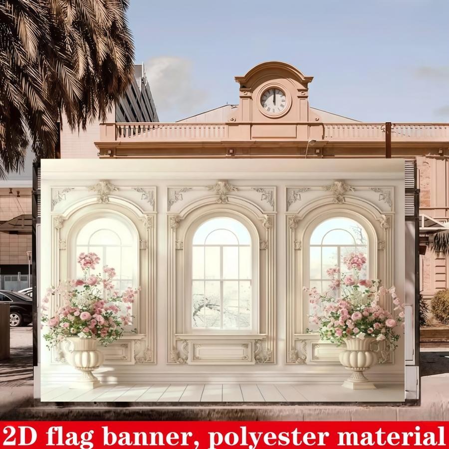 French Vintage Arch Background Cloth, European Floral Window Scene Rose Vase Photo Hanging Cloth, Wedding Birthday Party Decor