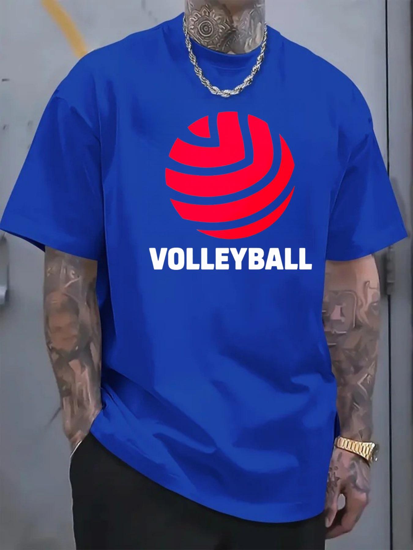 Men's T-shirt, short sleeve with volleyball pattern print and text, casual for volleyball sports, suitable for outdoor sports and fitness wear in summer