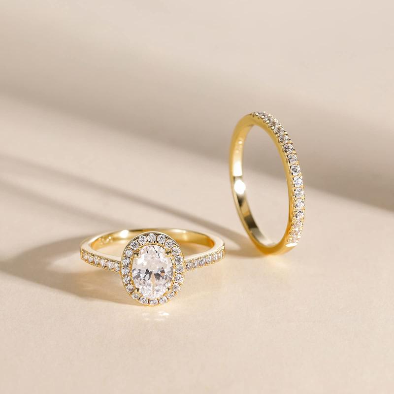 EAMTI 1.5CT 925 Sterling Silver Cubic Zirconia Bridal Rings Sets Oval Cut CZ Engagement Rings Wedding Band for Women