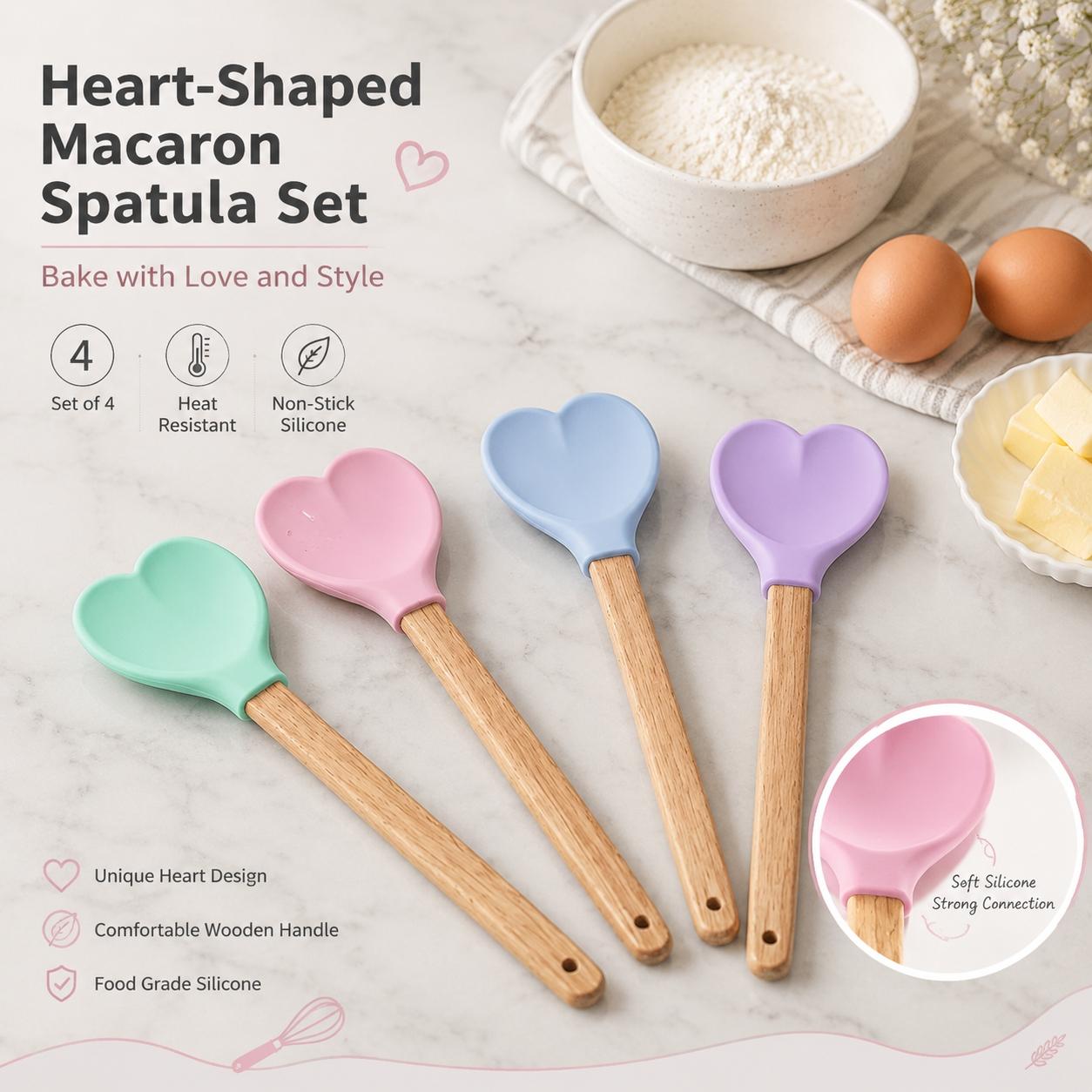 4 Pcs Heart Shaped Macaron Silicone Spatulas, long-handled mixing spoons and heat-resistant wooden handle spatulas, practical kitchen and baking tools for cream mixing. Bake with love and enjoy life.