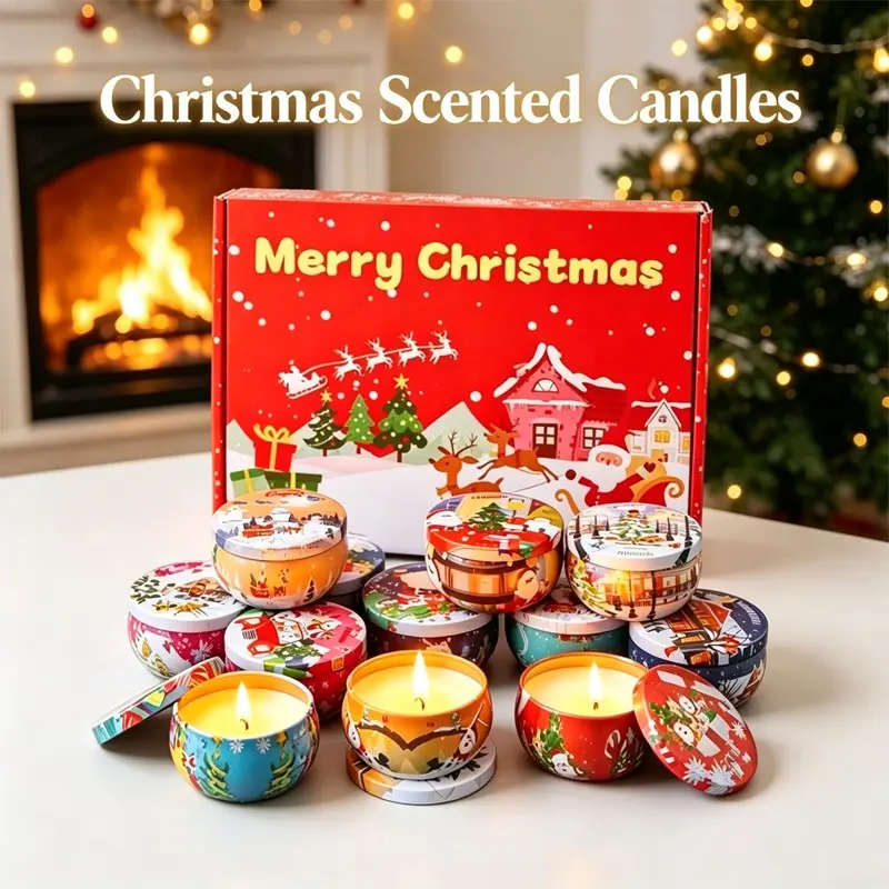 【Black Friday】12 Pack Christmas Pattern Travel Tin Scented Candle Gift Set, Assorted Fragrance Soy Wax Smokeless Aromatherapy Candles, Holiday Home Decor Candle Presents for Women, Christmas & Thanksgiving Gifts, Birthday, Mother's Day, Decoration