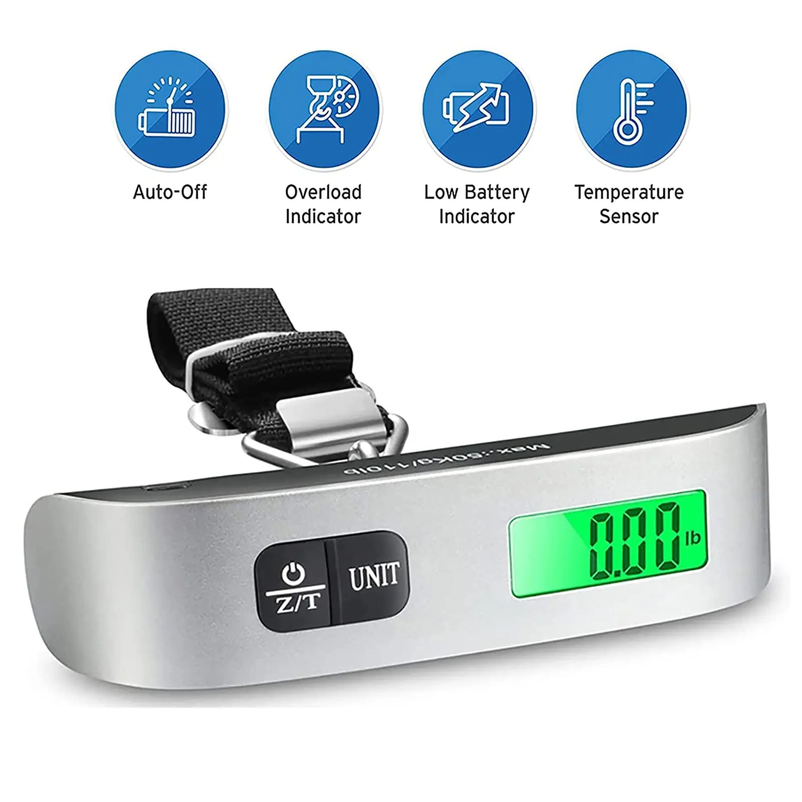 Portable Handheld Digital Weighing Scale for Suitcase Baggage, Multi-Function Package Scale with Backlit LCD Display, Temperature Sensor, Auto-Lock, Travel Gear (Silver Black), Multi Function Scale, Luggage Check