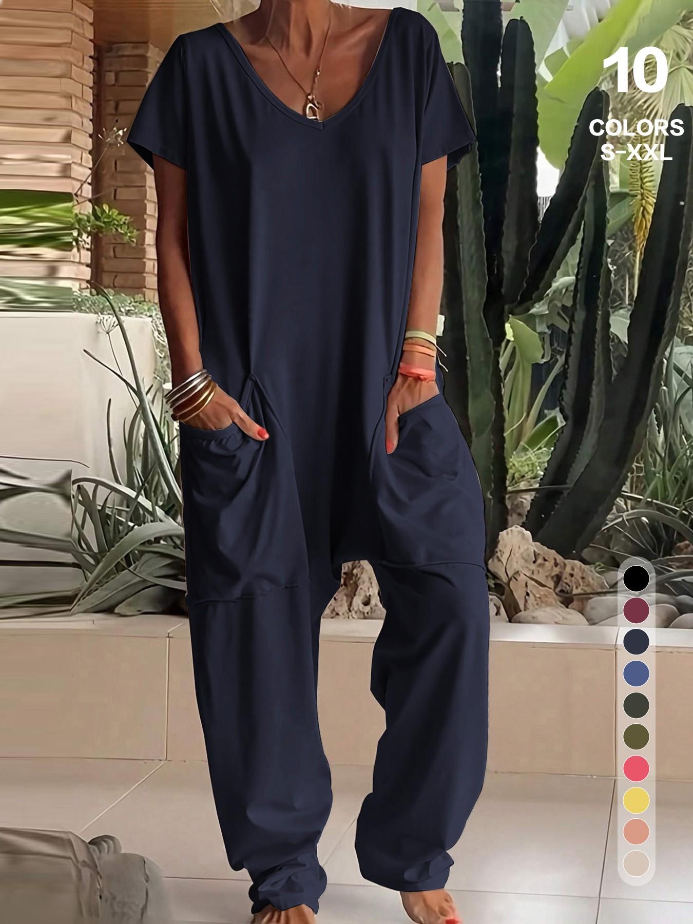 2026 Women's Casual Oversized Jumpsuit, Casual Jumpsuits, Short-Sleeve Batwing V-Neck Harem Pants With pockets, Loose Fit Wide Leg, Perfect for All Seasons, Stylish & Comfortable，Suitable for Daily Home Wear and Fashionable for Outings