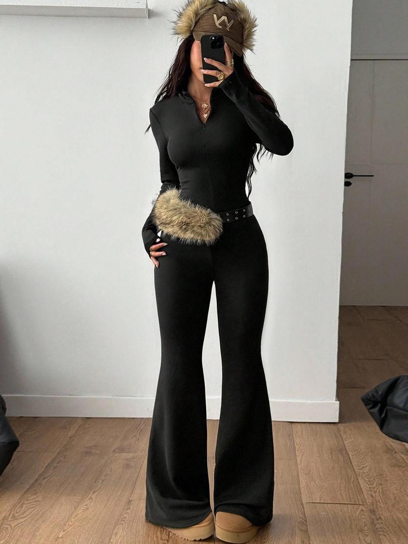 Women's Fall Winter Streetwear Casual Sporty Basic Knit Fleece Pullover High Neck Long Sleeve T-Shirt and Bell Bottoms Two-Piece Set