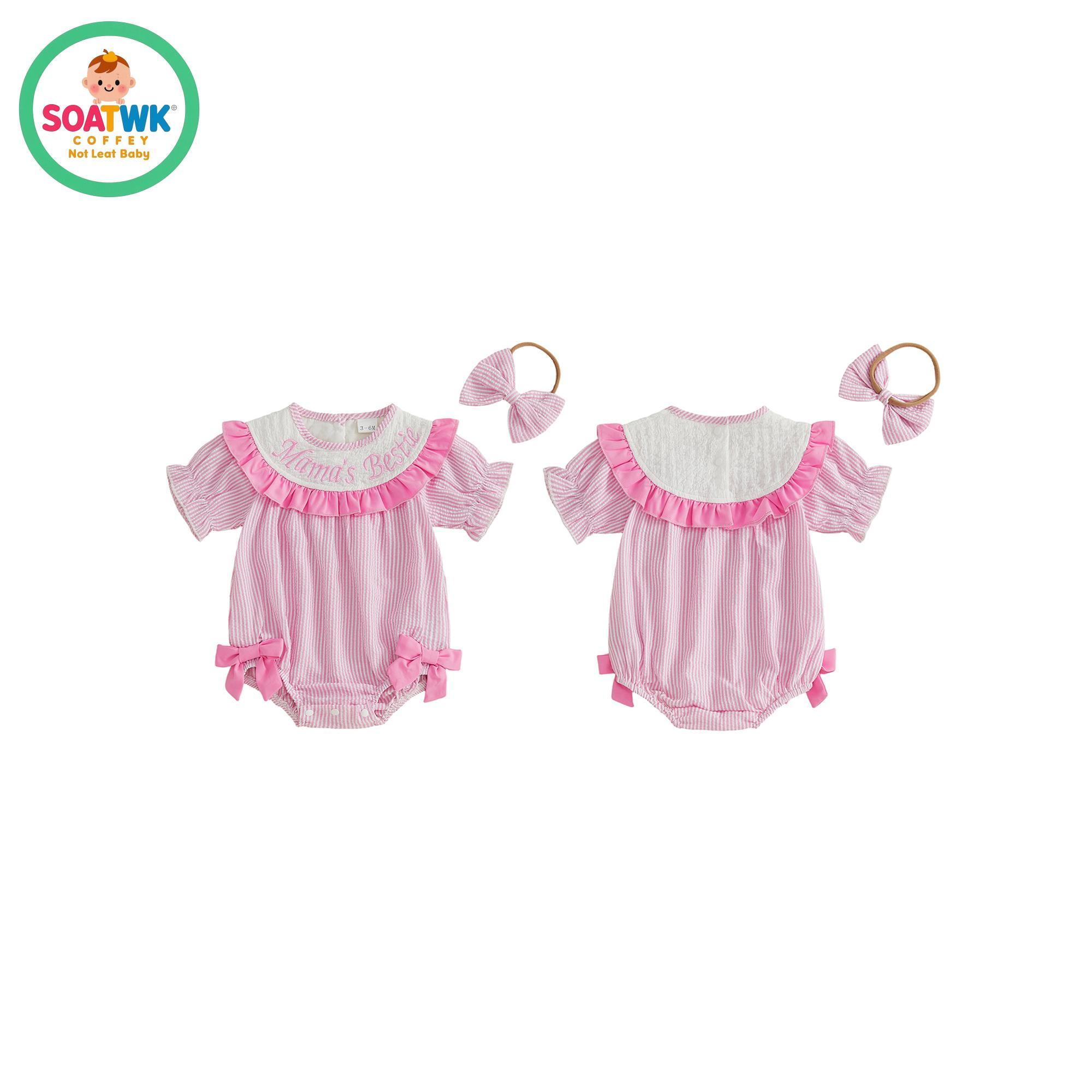 Baby Girl Summer Outfit Striped Letter Embroidered Puff Sleeve Bubble Romper and Bow Headband 2 Piece Set