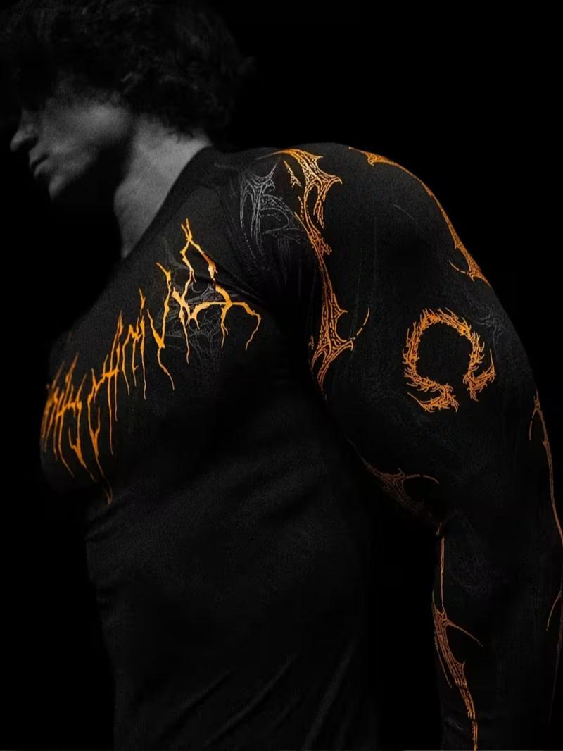 Men's Professional Sports Quick-Dry Fitness Shirt, Gothic Print Long Sleeve, High Elasticity, Round Neck, Moisture-Wicking, Running, Training, Daily Wear, Athletic Top Men's Professional Sports Quick-Dry Fitness Shirt, Gothic Print Long Sleeve, High Elasticity, Round Neck, Moisture-Wicking, Running, Training, Daily Wear, Athletic Top