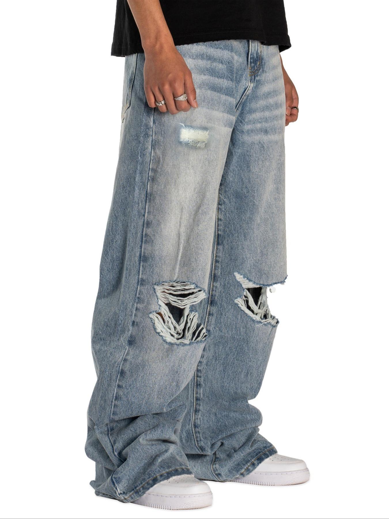 Men's Light Blue Ripped Loose Straight Denim Jeans, All Seasons Street Style, Zipper Fly, Plain Pattern, Comfortable Fit