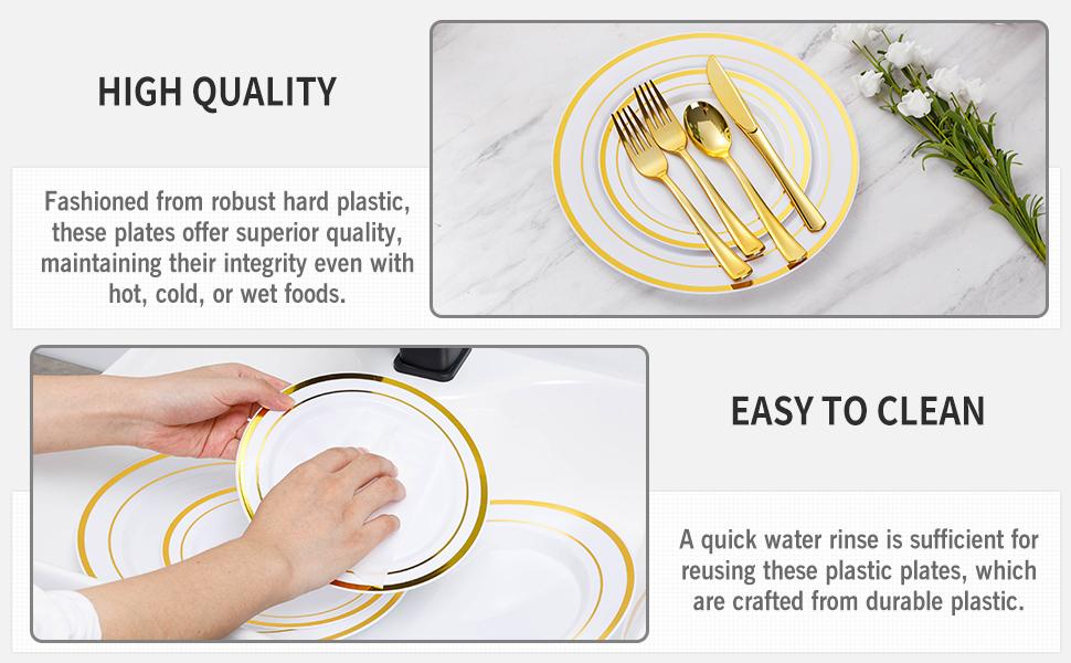 Goodluck 600PCS Gold Disposable Plates Set for 100 Guests 100 Dinner Salad Plates 100 Silverware Sets Cups Perfect for Weddings Parties BPA Free Sturdy Durable Ideal for Parties Christmas Fiesta Baby Showers