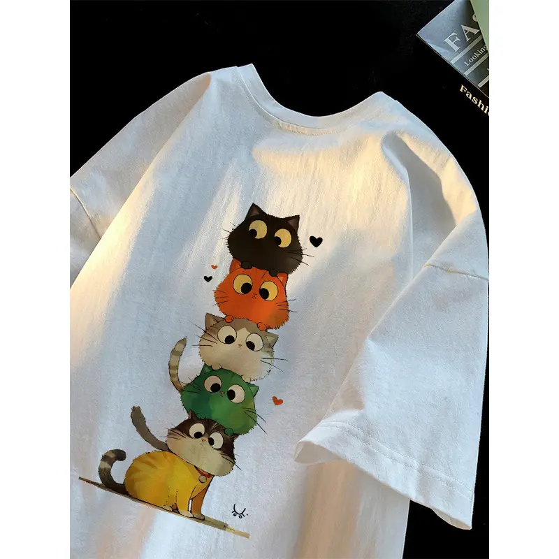Cute Cat Heavy Cotton Shortsleeve T-Shirt - Unisex Casual Streetwear Loose-Fit Top for Petite People, Flatters Figure and Hides Tummy