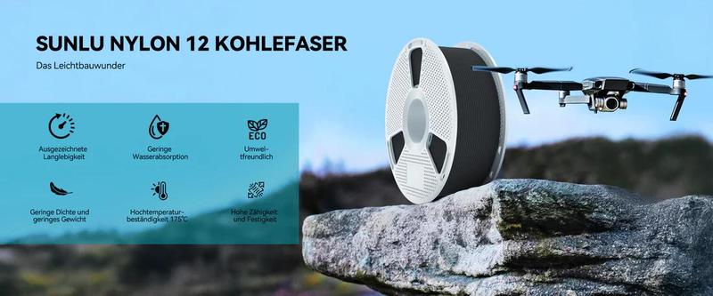 SUNLU PA12-CF Nylon Ultra-Strong Filament 1KG  - Carbon Fiber Reinforced for Aerospace Frames, Durable Outdoor Gear & Precision Engineering