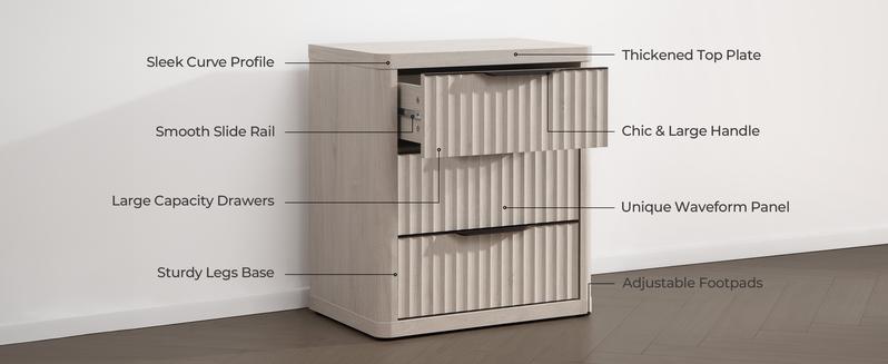 SICOTAS Night Stand Set of 2 Nightstands with 3 Drawers Storage Bedside Table Large Fluted Bed Side End Table Modern 25.6" Tall Wide Mid Century Night Stands for Bedroom Living Room Sofa Couch Office, Minimalist and Practical