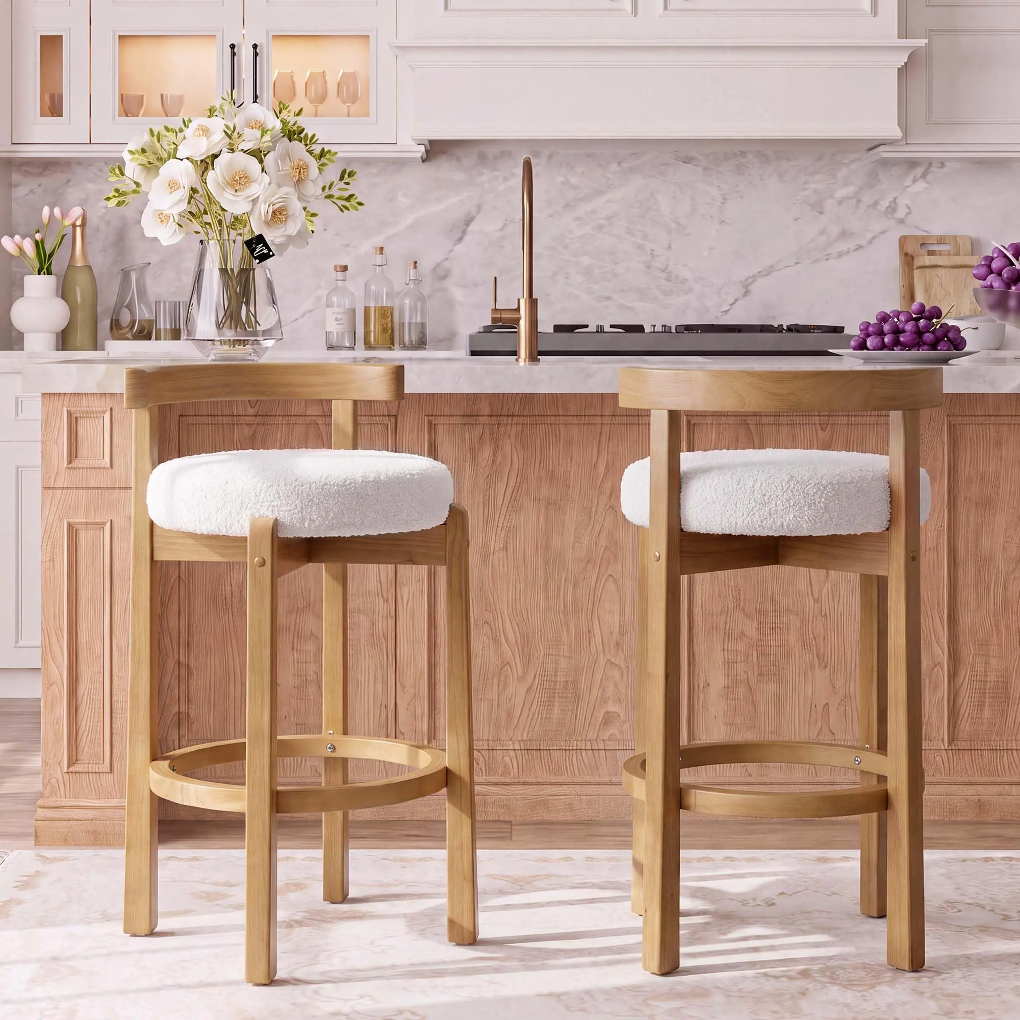 Modern Counter Height Bar Stools Set of 2 - Upholstered Fabric Seat with Back, Solid Wood Legs, Built-In Footrest - Kitchen Island/Dining/Home Bar Stools