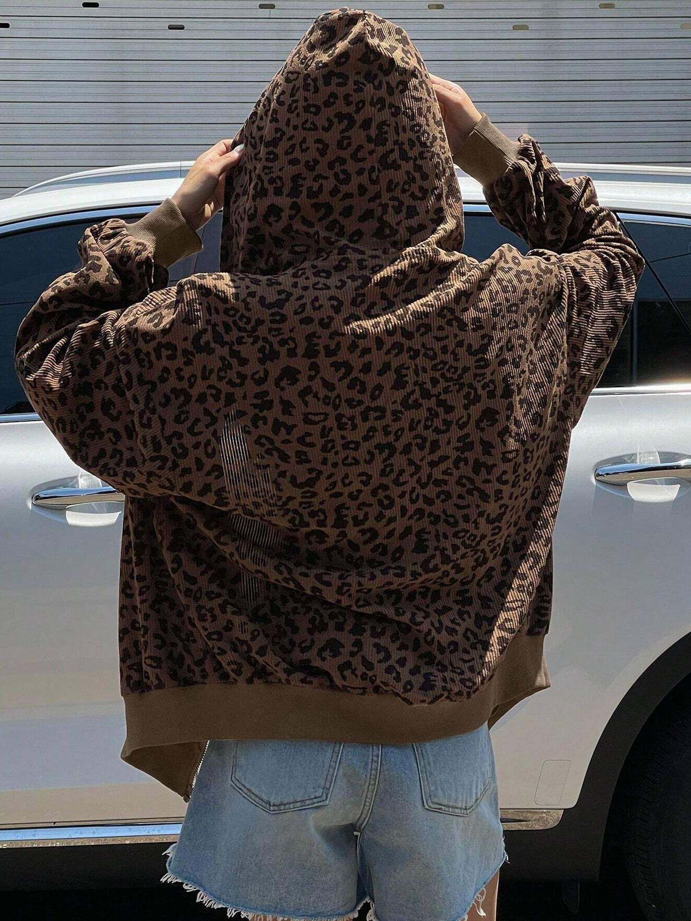 Women's Leopard Print Hooded Zipper Jacket, Casual Slim-Fit Fall & Winter Coat, Drawstring Design, Thick Kint Fabric