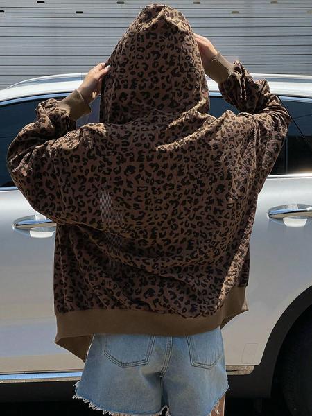 Women's Leopard Print Hooded Zipper Jacket, Casual Slim-Fit Fall & Winter Coat, Drawstring Design, Thick Kint Fabric