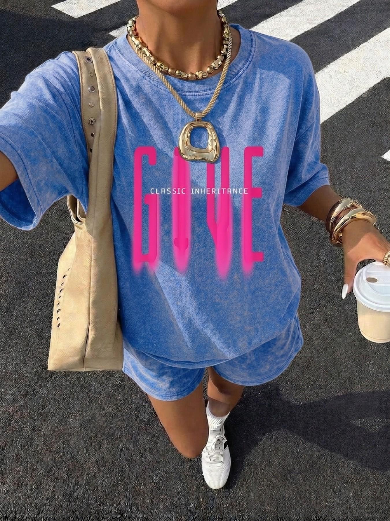 Summer Women's Cotton Letter Print T-Shirt & Shorts Set, Vintage Washed Logo Print, Casual Everyday Streetwear, Comfortable and Versatile