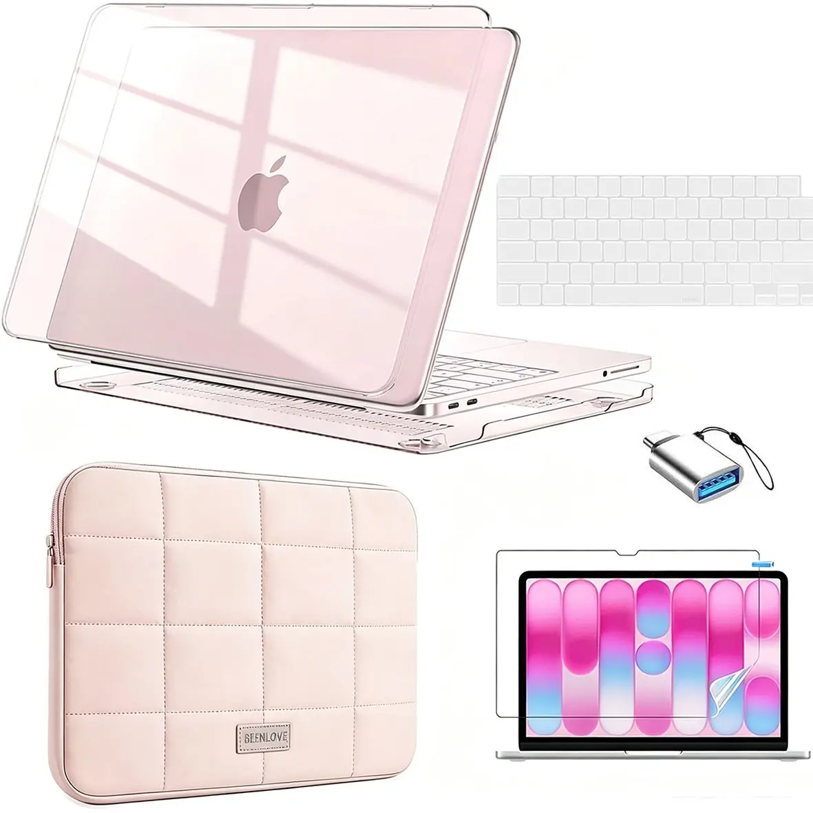 For MacBook Air 13 Inch Case 2018-2022 5 in 1, Pink Clear Hard Shell Laptop Cover + Quilted Puffer Laptop Sleeve + Keyboard Cover + HD Screen Protector + OTG Adapter Full Protection Computer Accessories Kit