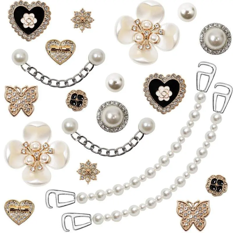 SOGLLQAM Bling Shoe Charms for Women, Plastic Flower Pearl Chain Accessories, Cute Butterfly Shoe Charms, DIY Sandal Shoe Decorations for Women Birthday Party Favors