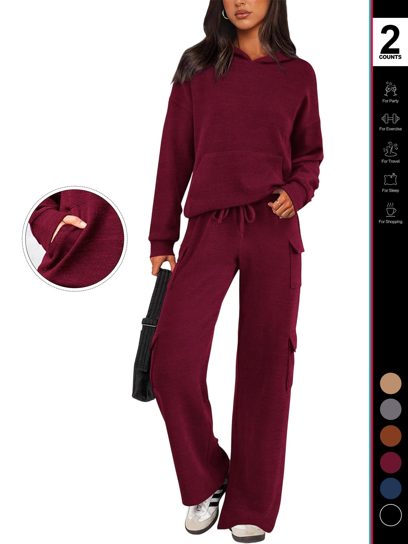 2026 Womens Fall Outfit 2-Piece Knitted SetsHoodie Tracksuits Wide Leg Pants With Pocket AndDrawString Long Sleeve Hooded Kangoroo Pocket TopsKnitwear Sporty Casual Loungwear, Womenswear Travel Outfit