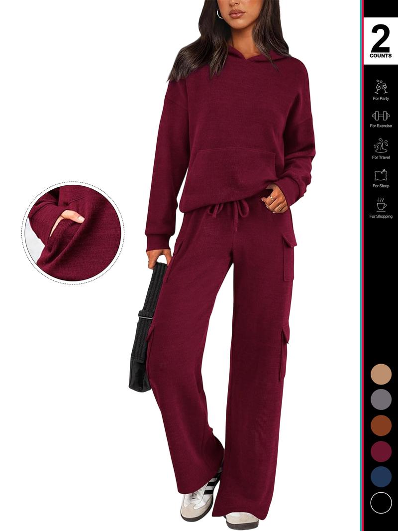 2026 Womens Fall Outfit 2-Piece Knitted SetsHoodie Tracksuits Wide Leg Pants With Pocket AndDrawString Long Sleeve Hooded Kangoroo Pocket TopsKnitwear Sporty Loungwear, Womenswear Travel Outfit