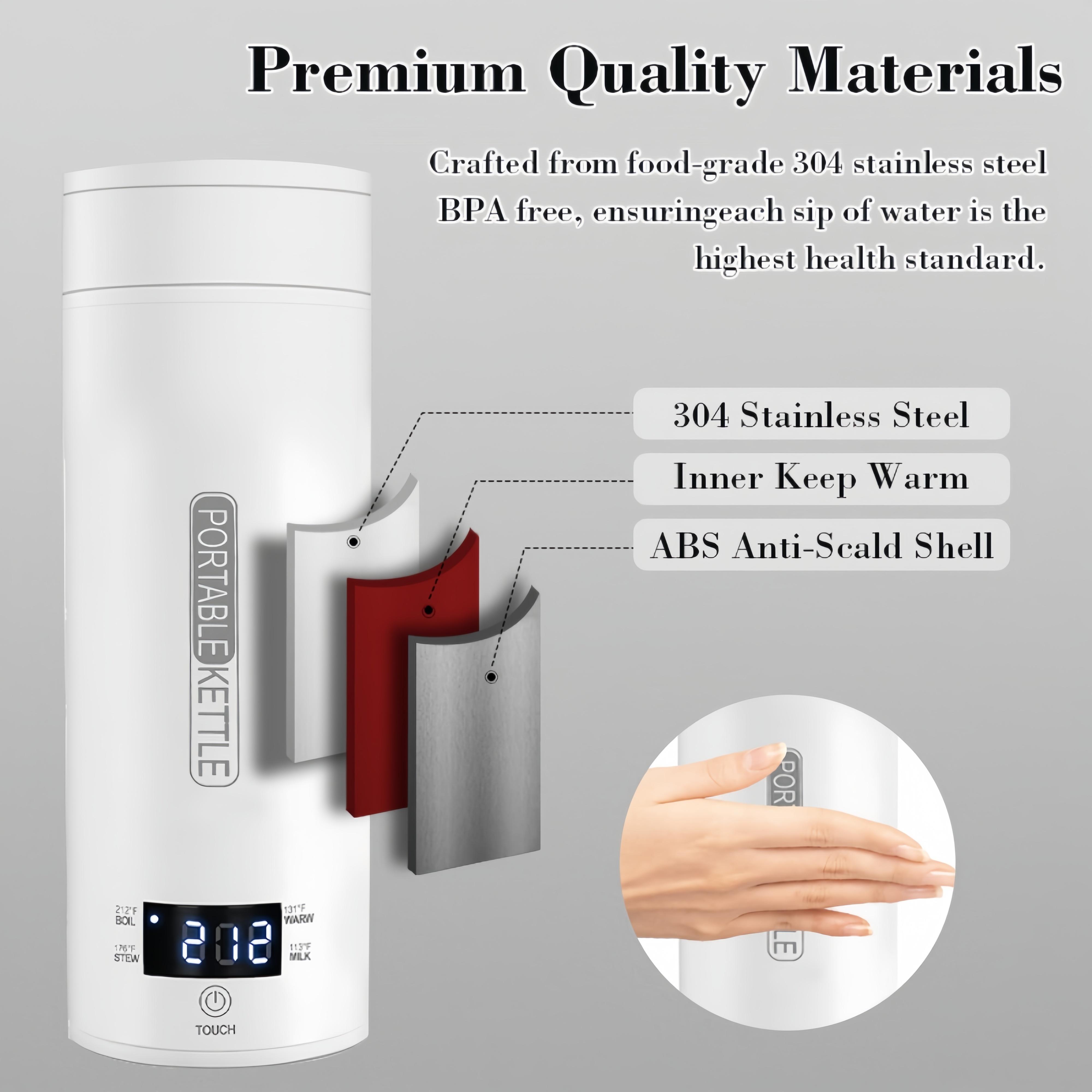 Travel Electric Tea Kettle Portable Small Mini Coffee Maker with 4 Variable Presets, Personal Hot Water Boiler 304 Stainless Steel with Automatic Shutoff and Boil-Dry Protection