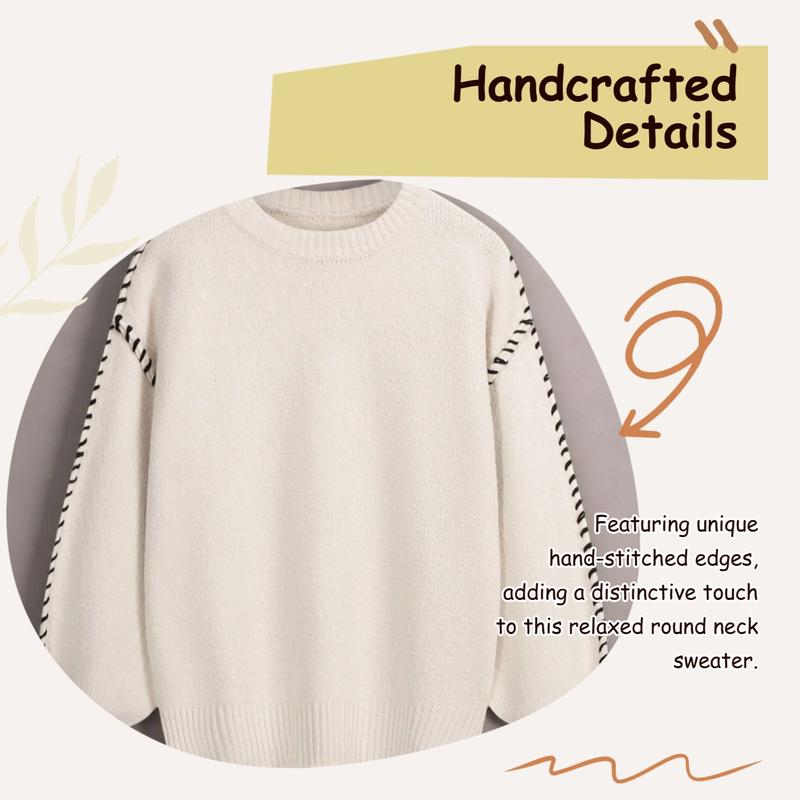 Women's Contrast Binding Drop Shoulder Sweater, Casual Long Sleeve Round Neck Jumper for Fall & Winter, Fashion Ladies' Knitwear for Daily Wear