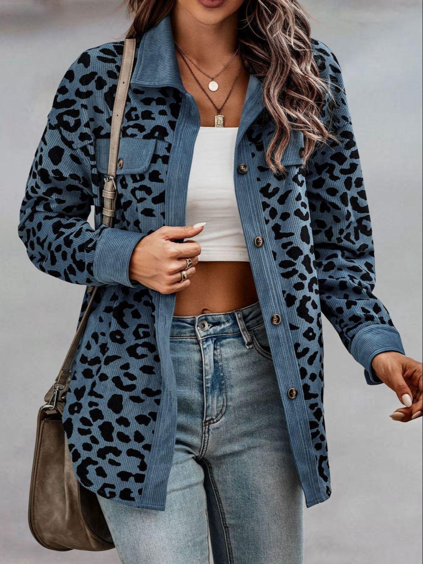 Women's Leopard Print Button Front Drop Shoulder Shirt Coat, Casual Long Sleeve Collared Pocket Blouse for Daily Wear, Ladies Clothes for All Seasons