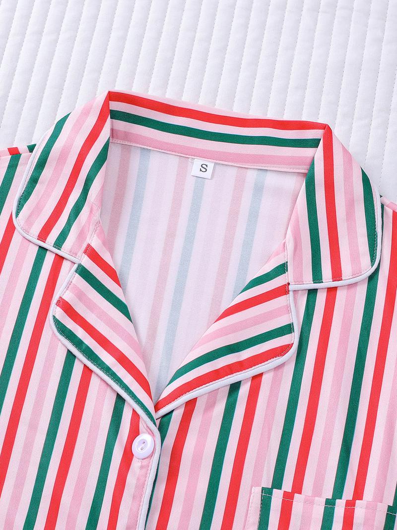 2-piece set full of pink, white, green, and red striped printed long sleeved pants, soft, comfortable, skin friendly, smooth top, small pocket, button closure, elastic waistband, suitable for all seasons home, casual wear, pajamas, Loungewear