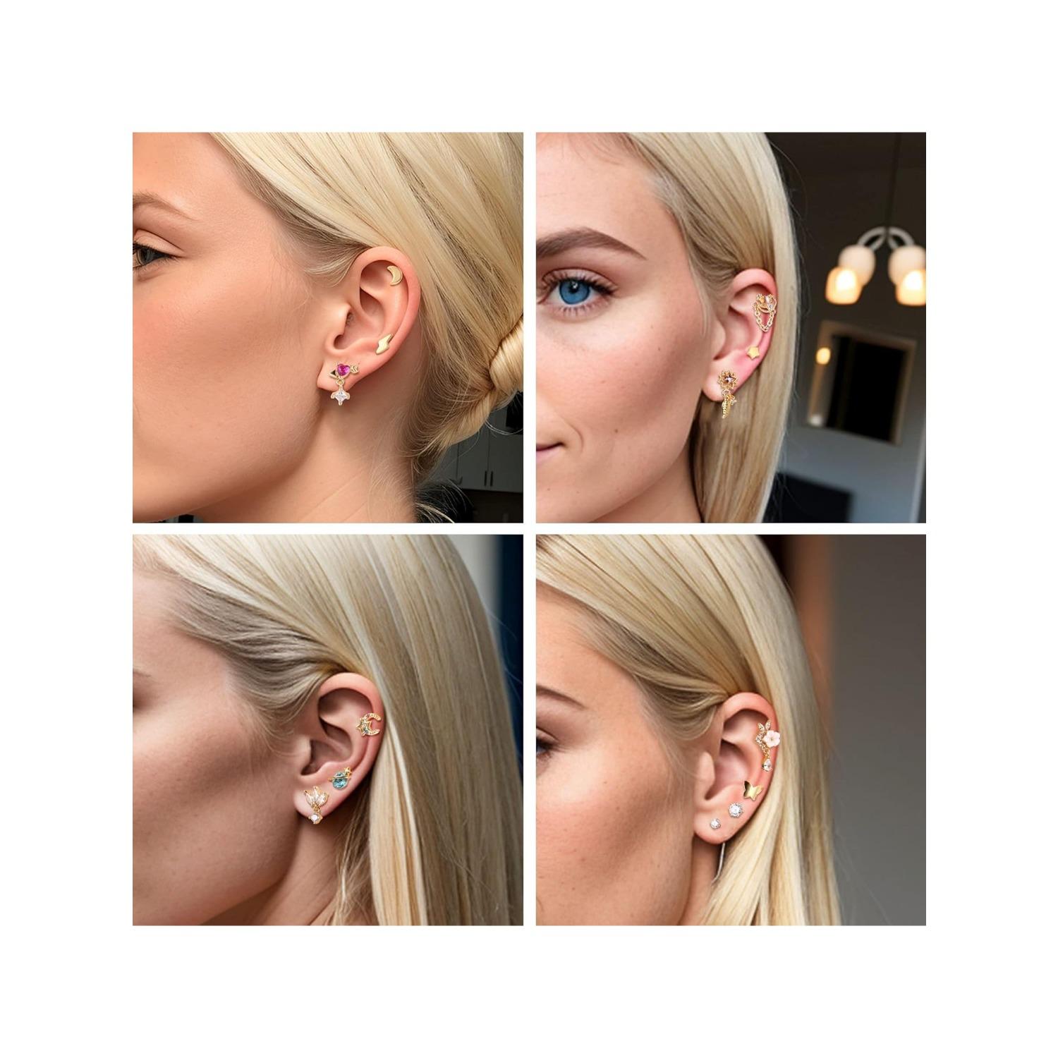 16 PCS Cartilage Flat Back Stud Earrings for Women Trendy Stud Earrings Set for Multiple Piercing Surgical Steel FlatBack Earrings for Women 20G