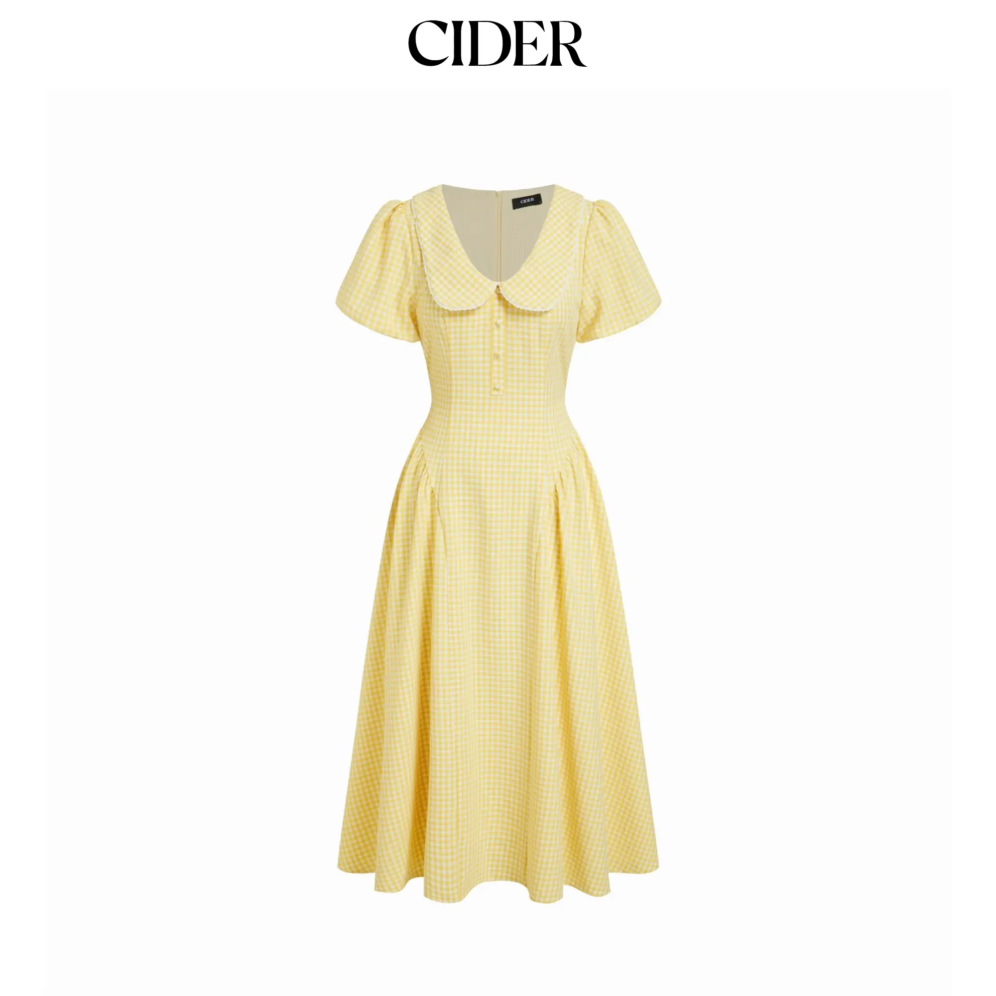 Cider Gingham Peter Pan Collar Puff Sleeve Ruffled Flared Maxi Dress