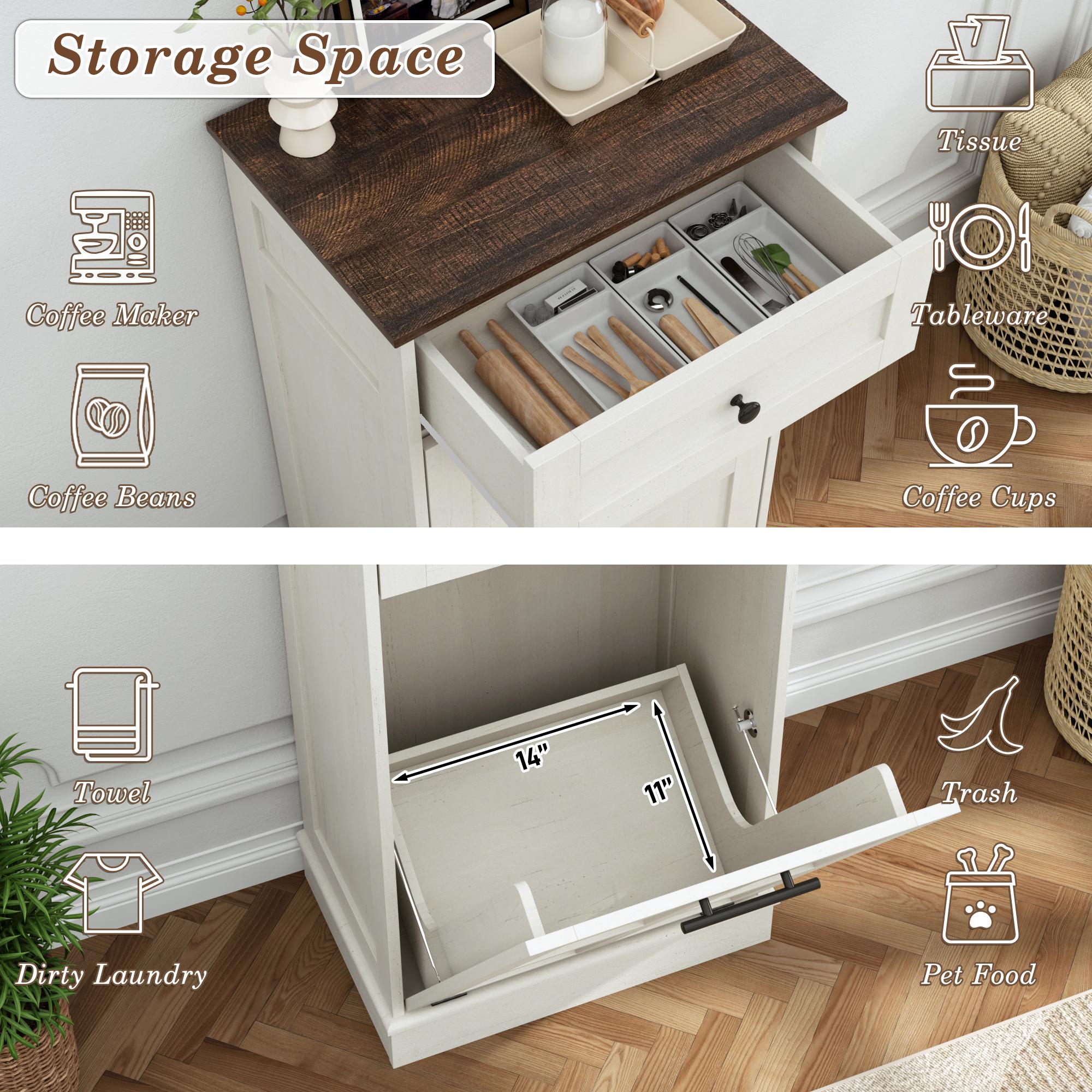 Trash Can Cabinet, 10 Gallons / 20 Gallons Farmhouse Hidden Wood Garbage Can Bin Cabinet with Drawers, Tilt Out Laundry Hamper with Laundry Storage Basket for Bathroom, Kitchen, Brown/Antique White/Dark Grey