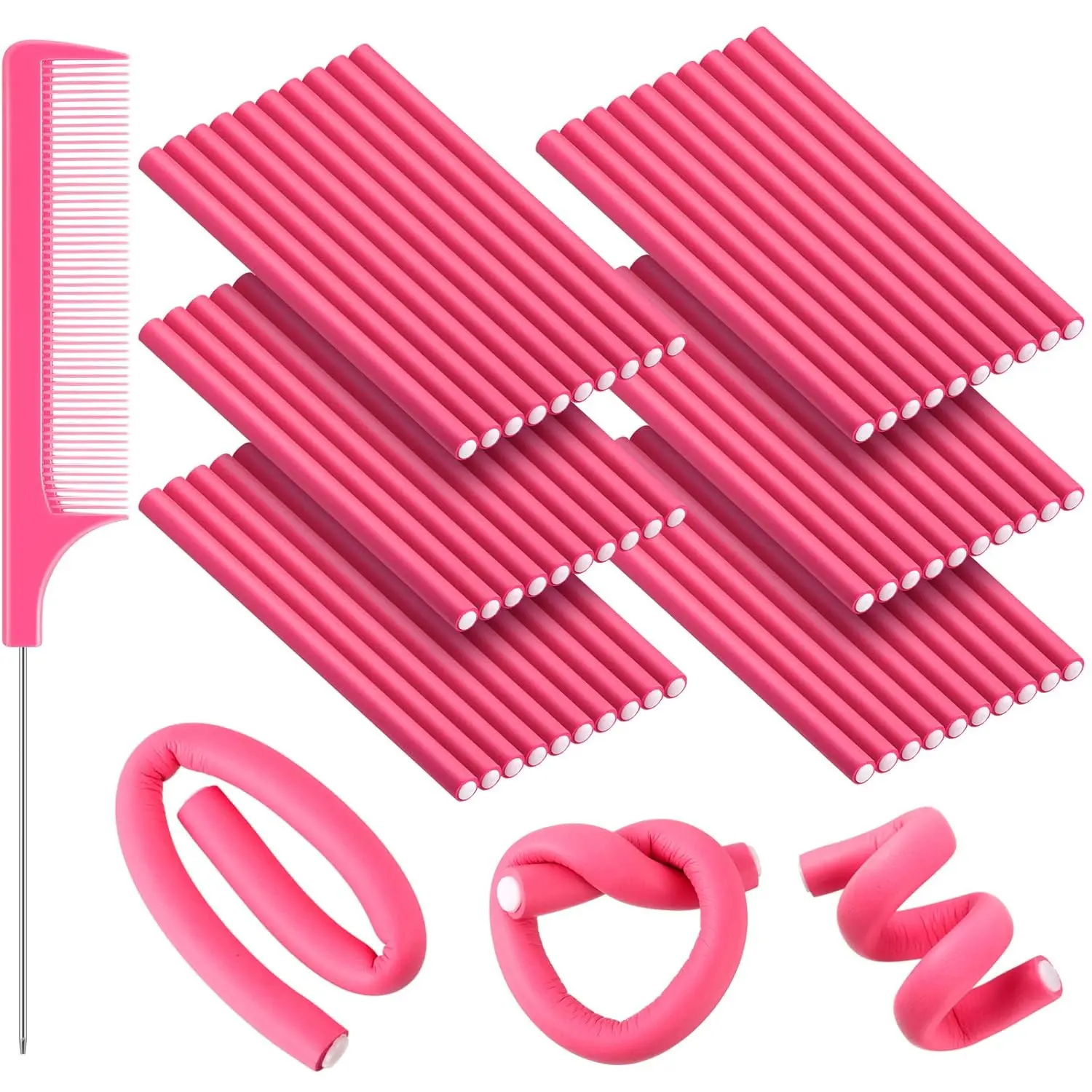 Women's 60-Piece Volumizing Twist-Flex Flexible Curling Rods Set, Heatless 0.3x7 Inch Hair Rollers with Easy Shaping, 2 Stainless Steel Rat Tail Combs for Long & Short Hair
