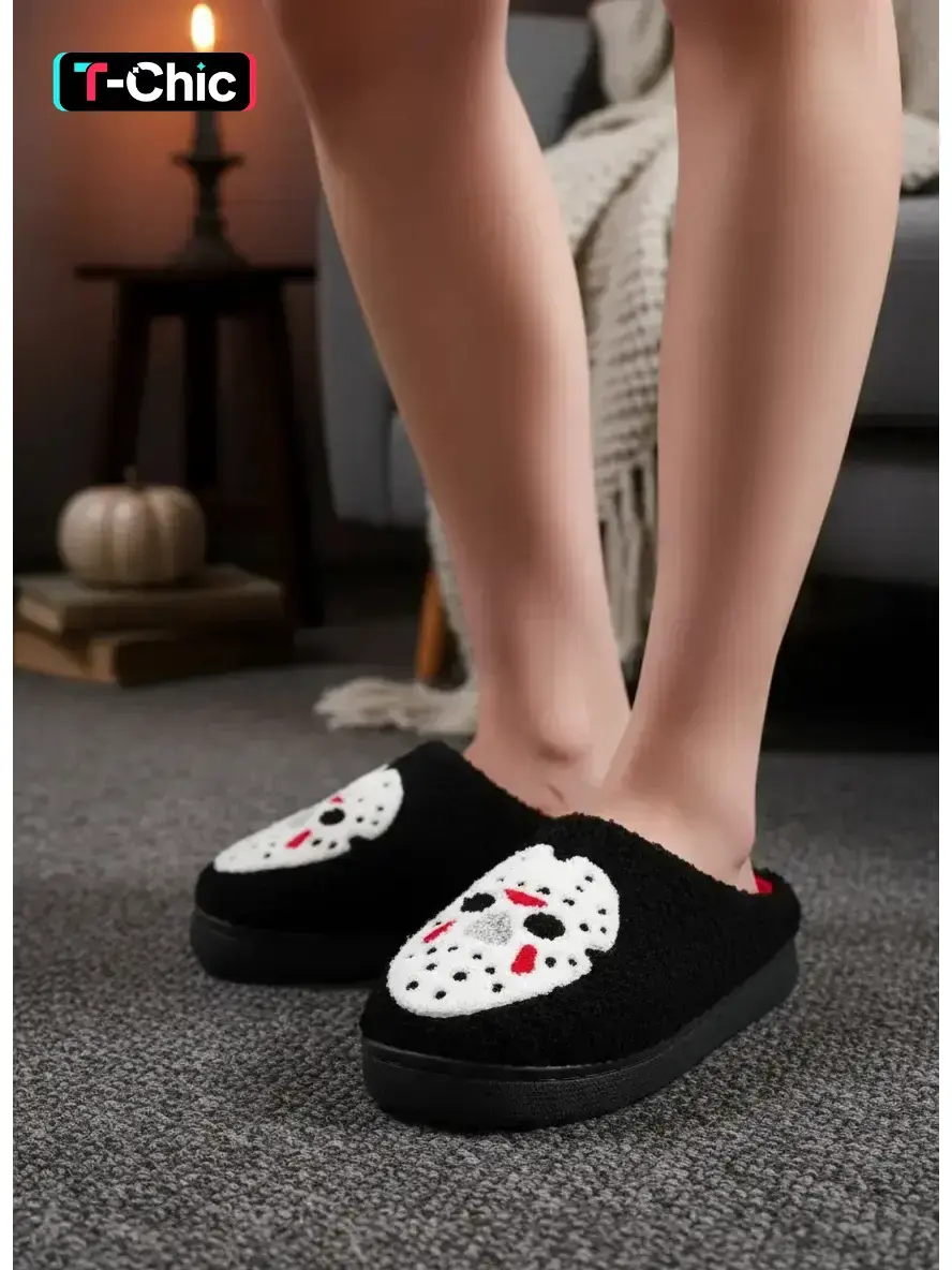Horror Mask Embroidered Colorblock Slippers for Men Women, Soft Comfortable House Shoes for Cozy Days, Perfect Gift for Halloween