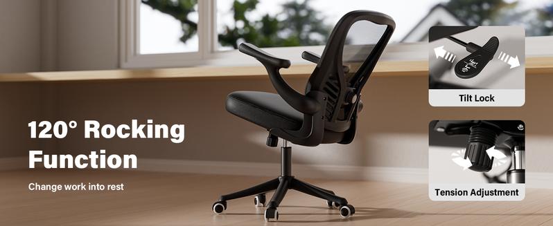 Ergonomic Office Chair, Mesh Desk Chair with AdjustableLumbar Support and 3D Flip-up Arms, Computer Chairwith Wheels, Black, Computer Desk Chair, ErgonomicOffice Desk Chairs with Mesh Back, Adjustable LumbarSupport, Rocking Function