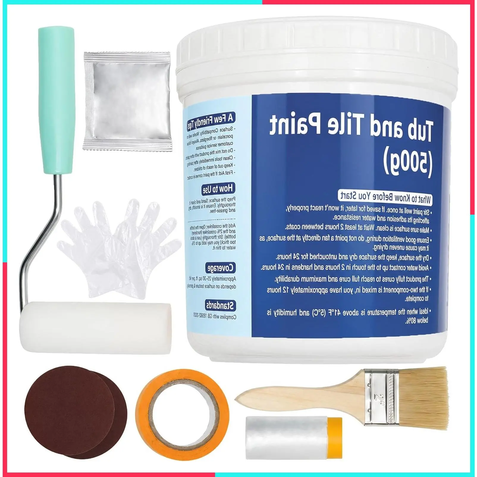 Tile Paint: Tub & Tile Refinishing Kit 17.6oz with Tools - White Water Based Bathtub Sink Paint with Hardener - Low Odor for Bathroom Shower Kitchen Countertop Porcelain, 25-30sq.ft