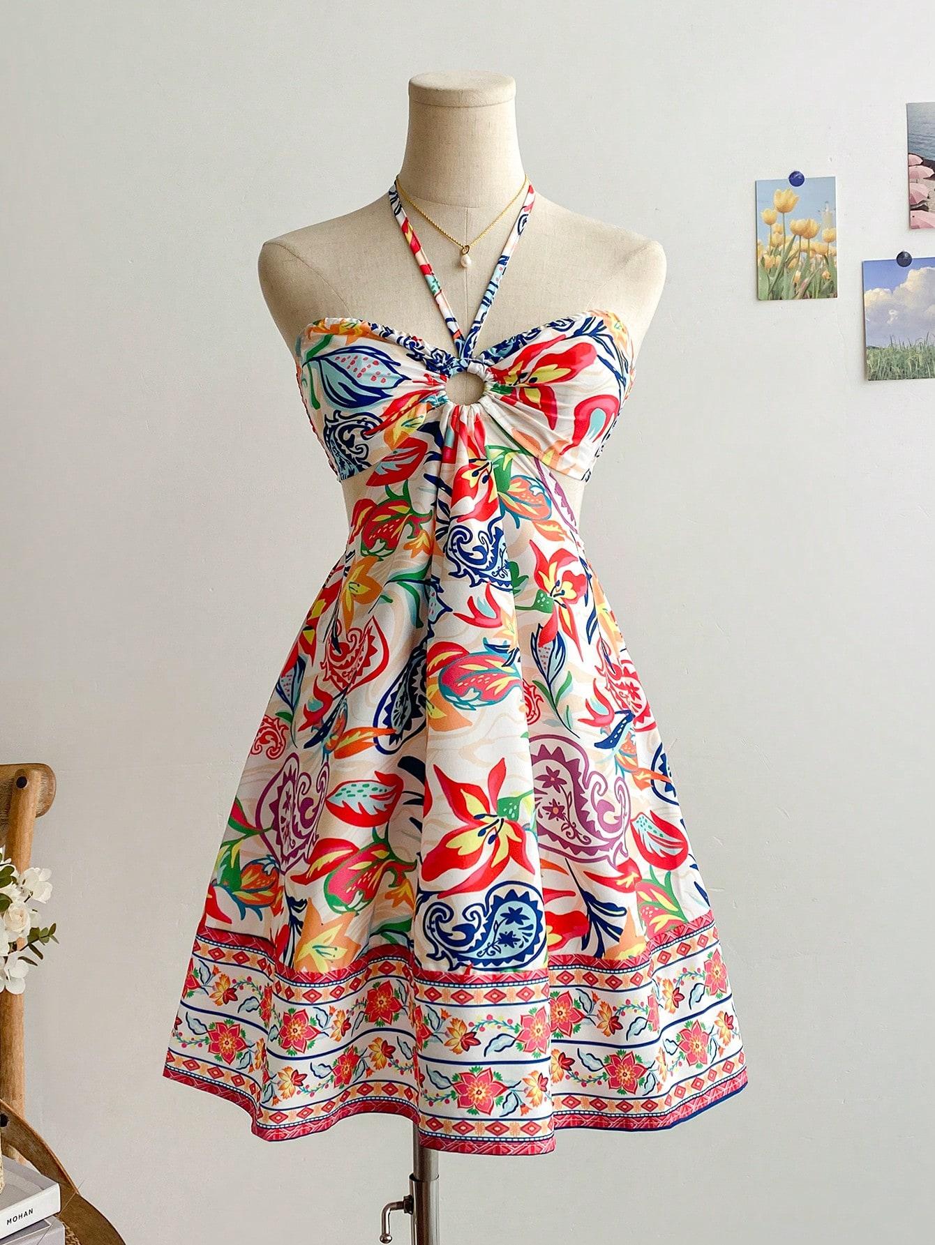 Spring Floral Halter Flowy A Line Dress Cut Out Smocked High Waisted Short Vacation Dress Sundresses Spring Floral Halter Flowy A Line Dress Cut Out Smocked High Waisted Short Vacation Dress Sundresses
