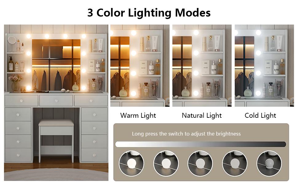 FUSOU 47"W Vanity Desk with 4 Shelves and Fold-up Panel,Power Outlet, 11 Drawers Makeup Vanity with Lighted Mirror, 3 Colors Adjustable, Glass Top Vanity with Chair, , Vanity Set for Bedroom, Dressing Room