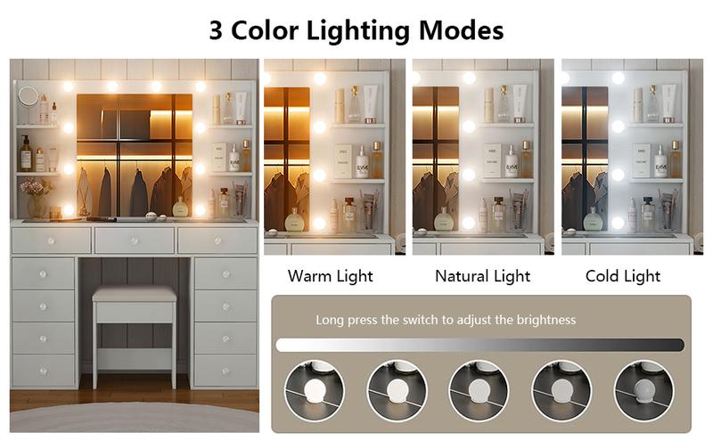 FUSOU 47"W Vanity Desk with 4 Shelves and Fold-up Panel,Power Outlet, 11 Drawers Makeup Vanity with Lighted Mirror, 3 Colors Adjustable, Glass Top Vanity with Chair, , Vanity Set for Bedroom, Dressing Room