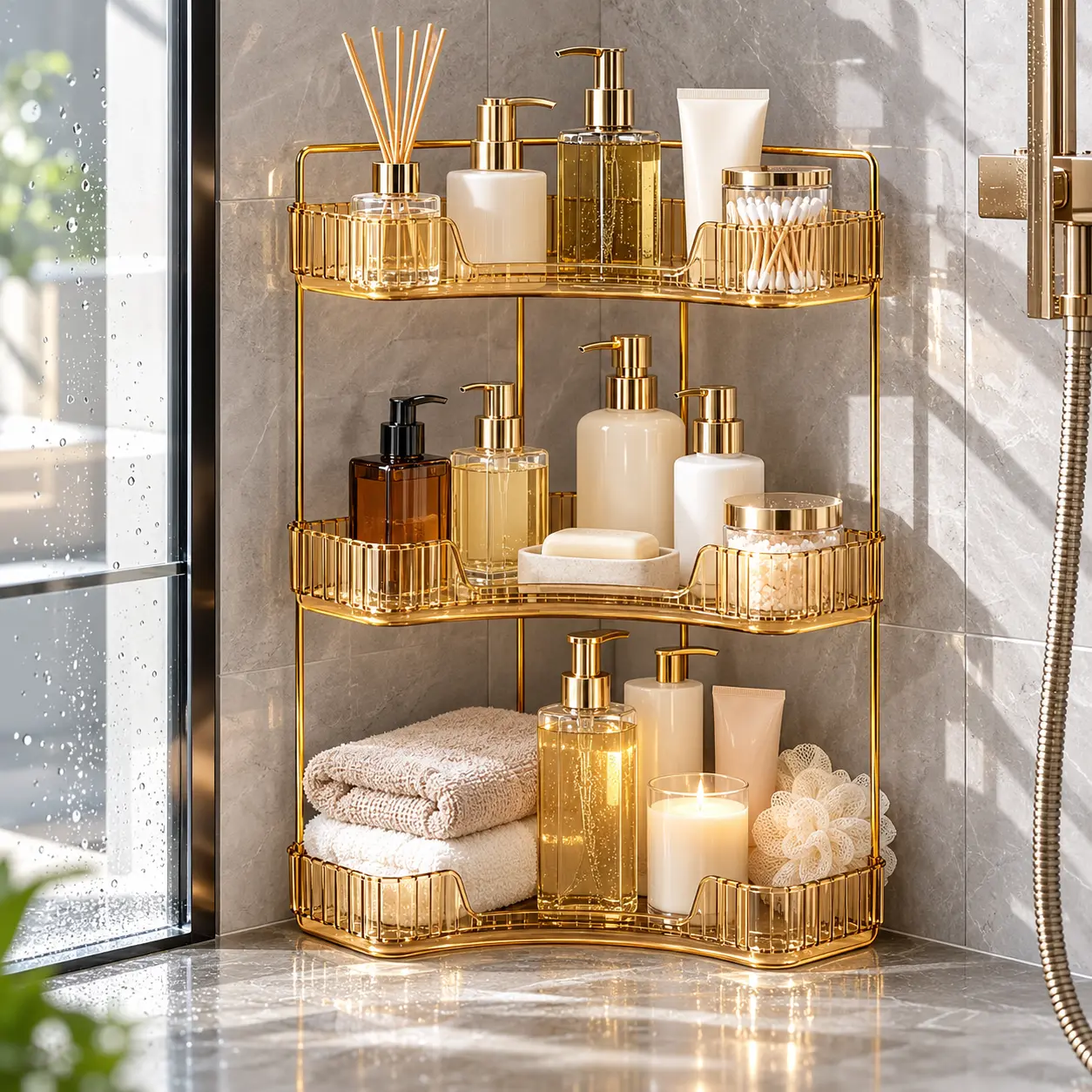Corner Countertop Organizer,2 Or 3 Tier 90°Corner Storage Shelf,Gold Metal Frame PET Makeup Rack,Vanity Skincare Perfume Tray,Space Saving Organizer For Bathroom,Dresser,Kitchen,Dorm Room Decor,Multi-Scene Storage Holder,Great Gift Choice For Women,Girls