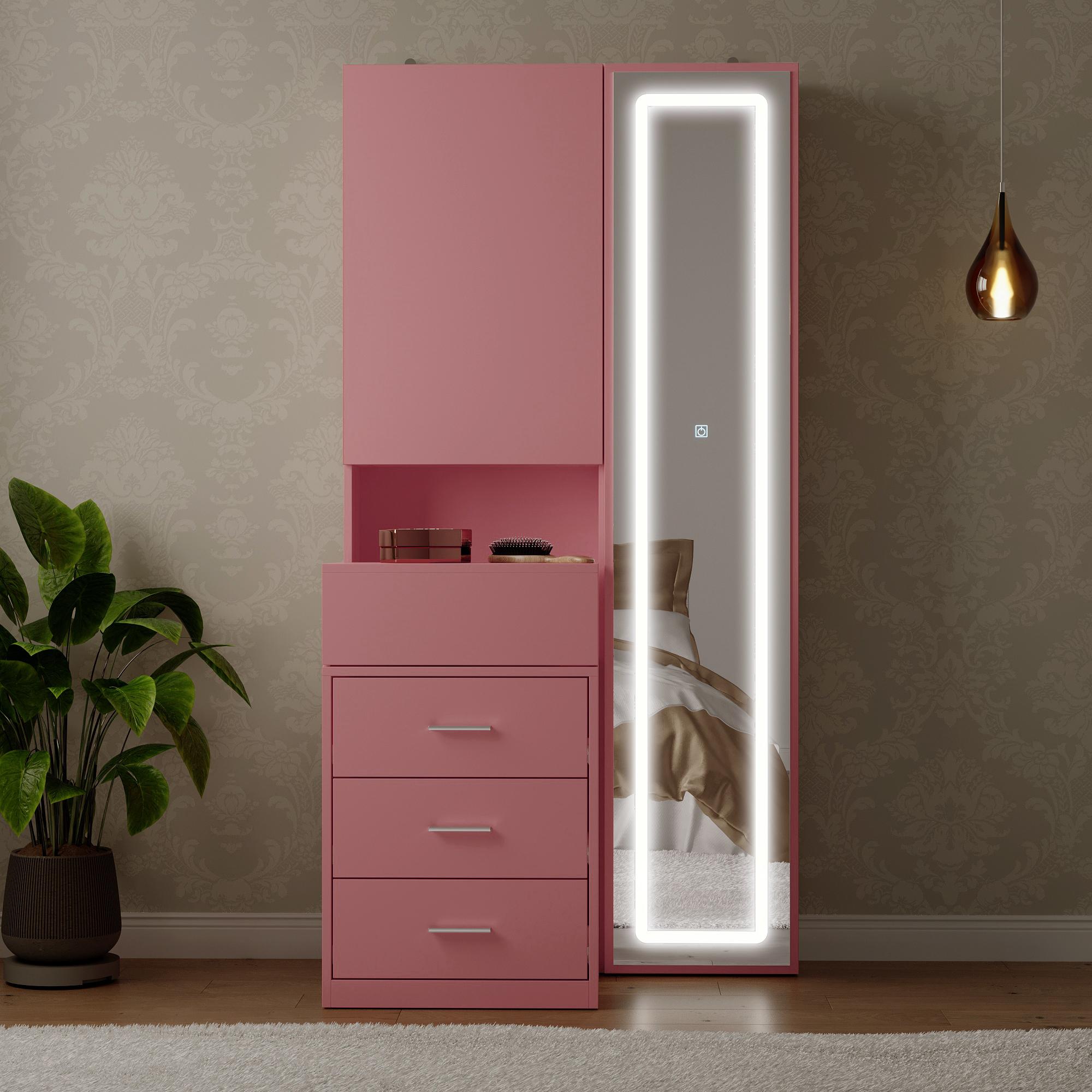 FUFU&GAGA Makeup Vanity Desk with Mirror and 3-Colors Lights, Dressing Table with 3 Drawers and Door Sliding Tabletop