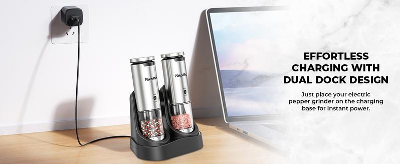 Pukomc Smart Electric Grinder Set – 6 adjustable coarseness levels, rechargeable base with LED light, one-handed operation, detachable for easy cleaning. Includes 12 grinding refills & accessories.